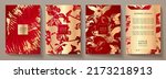 Floral cover, frame design set with gold abstract orchid flower on red background. Elegant vector pattern for luxury invitation, oriental menu, botanical poster, lux invite