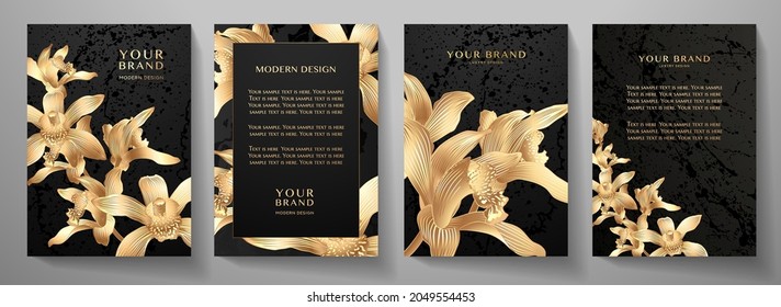 Floral cover, frame design set with gold orchid flower on black background. Luxury premium background pattern for tropical menu, elite summer sale, luxe invite template