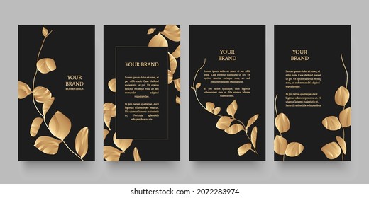 Cubierta floral, diseño de marco con hojas de oro sobre fondo negro. Patrón de fondo premium de lujo para el menú, venta de verano elite, plantilla de invitación de lujo, ​ invitación formal, vale de lujo