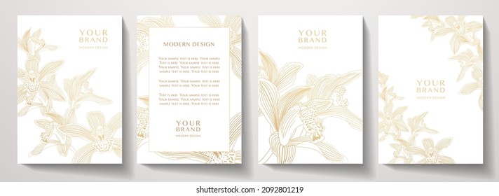Floral cover, frame design set with gold line pattern (orchid flower on white background). Luxury premium vector background pattern for tropical menu, elite summer sale, luxe invite template