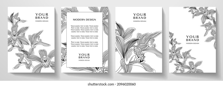 Floral cover, frame design set with black line pattern (orchid flower on white background). Luxury premium vector background pattern for tropical menu, elite summer sale, invite template