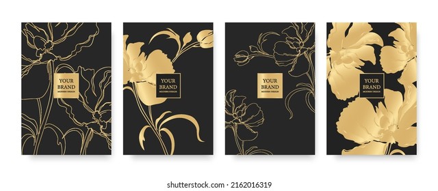 Floral cover, frame design set with gold flowers on black background. Luxury premium background pattern for menu, elite summer sale, luxe invite template, ​formal invitation, luxury voucher