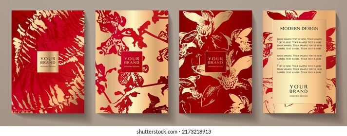 Floral cover, frame design set with gold abstract orchid flower on red background. Elegant vector pattern for luxury invitation, oriental menu, botanical poster, lux invite