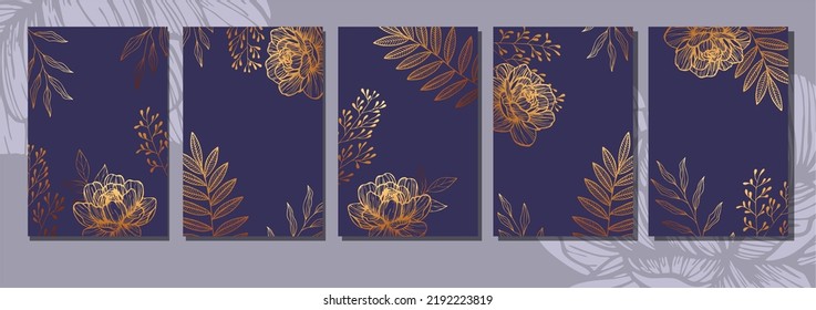 Floral cover, frame design set with gold line pattern (gold flower on violet background). Luxury premium vector background pattern for menu, elite summer sale, luxe invite template