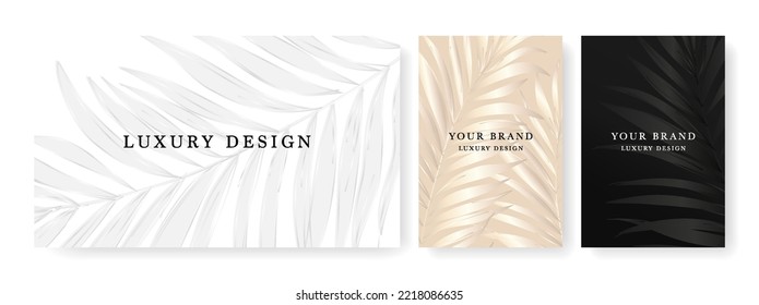 Floral cover, frame design set with tropical pattern of palm leaf on background. Luxury premium background pattern for menu, elite summer sale, luxe invite template, formal invitation, luxury voucher