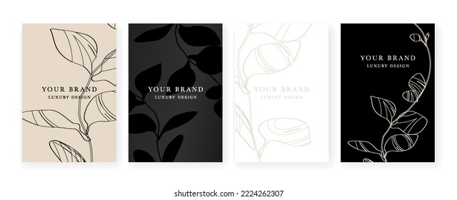 Floral cover, frame design set with gold leaves on black background. Luxury premium background pattern for menu, elite summer sale, luxe invite template, ​formal invitation, luxury voucher