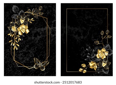 Blumenbezug, Rahmen mit goldenem Linienmuster, verziert mit Juwelen, wunderschöne, goldene und schwarze Orchideen mit Pistazienfedern auf schwarz strukturiertem Hintergrund. Design mit goldenen und schwarzen Orchideen.