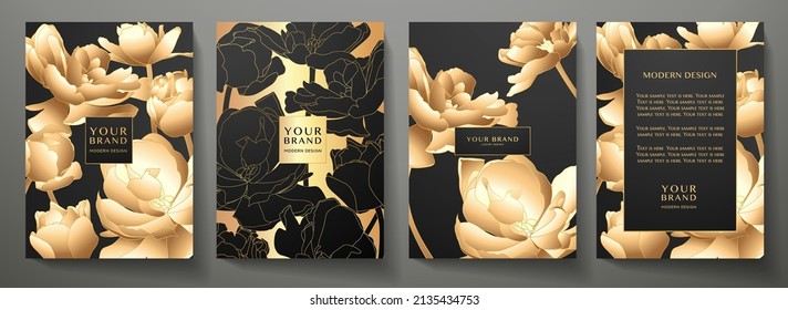 Floral cover and frame page design set with premium flower in black and gold color. Lux summer elegant vector background pattern for luxury wedding invitation, menu, summer sale, holiday poster