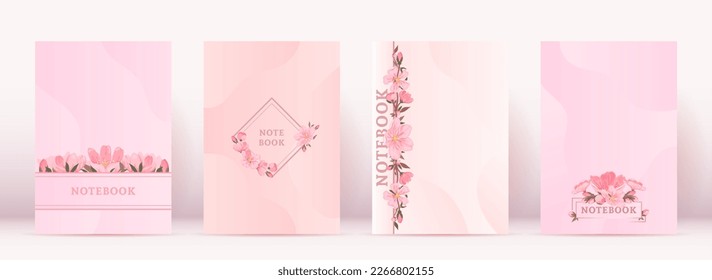 Floral cover notebook cherry blossom pink flat set. Vintage card wrap design journal notebook copybook cute floral envelope bouquet effect silk paper beauty flyer gift valentine women day isolated