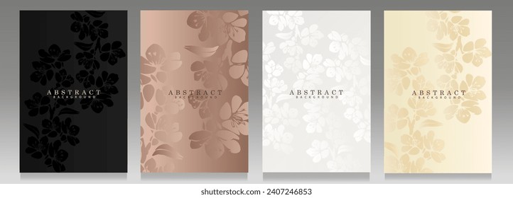 Floral cover set. Elegant design, botanical pattern, gradient shiny effect. Black, platinum and pink backgrounds with small silhouette flowers.