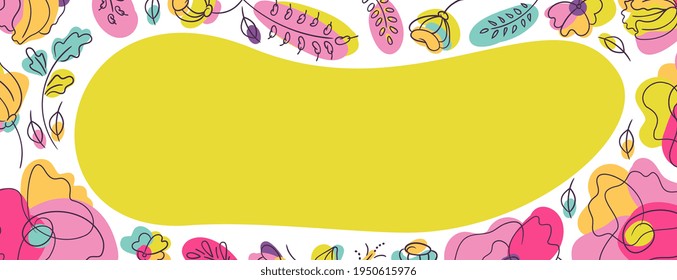 Blumendecke, webseitiger Hintergrund mit neongrüner Stelle. Blumenbeet mit hellen Neonfarben. Weißer Hintergrund