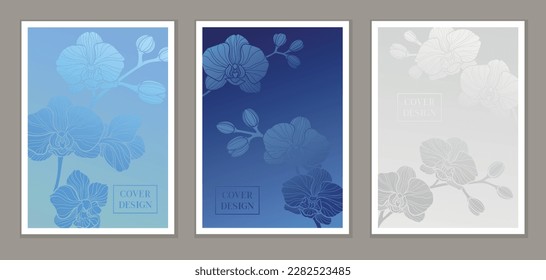 Floral covers set. Collection of posters and banners with orchid. Elegant pattern or ornament for luxury invitation and greeting card. Cartoon flat vector illustrations isolated on grey background