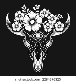 Floral Cow Longhorn Skull Vector T-Shirt