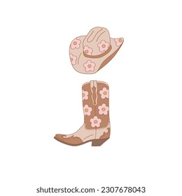 Floral cowboy boots hat vector illustration. Flower Power aesthetic design element for planner, sticker, scrapbook, poster, card , pattern, tee shirt