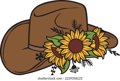 Floral Cowboy Hat with Sunflowers and Plants. Vector Illustration.