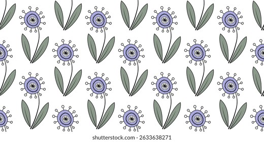 Floral cozy seamless pattern in country style. Calm purple green flowers on white background. Fantasy doodle flowers with black contour. Cute design for home textile and wallpaper.