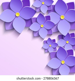 Floral creative trendy background with stylized summer purple 3d flowers violets. Beautiful stylish modern wallpaper. Greeting or invitation card for wedding, birthday, life event. Vector illustration