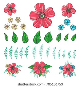 Floral creator. Set of hand drawn flowers, plants and leaves for design various combinations. Create your own compositions using elements. Vector illustration.