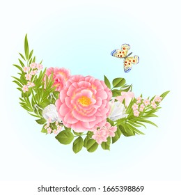 Floral crescent  frame with pink and  white Roses and butterfly on a blue background watercolor vintage vector illustration editable hand draw 