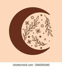 Floral crescent moon with doodle flowers twigs stars. Summer nature clipart. Design element for logos icons. Vector illustration