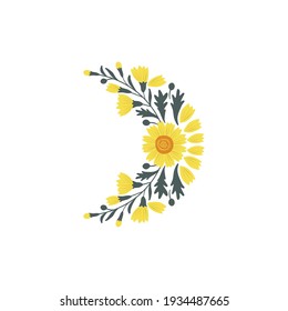 Floral crescent moon vector illustration isolated on white background. Moon with flowers and leaves decorative clipart. Boho aesthetic bloomy lunar design