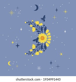 Floral Crescent Moon Vector Illustration. Bloomy Moon With Bees On Starry Night Sky Background. Boho Aesthetic Lunar Bloom Poster Design