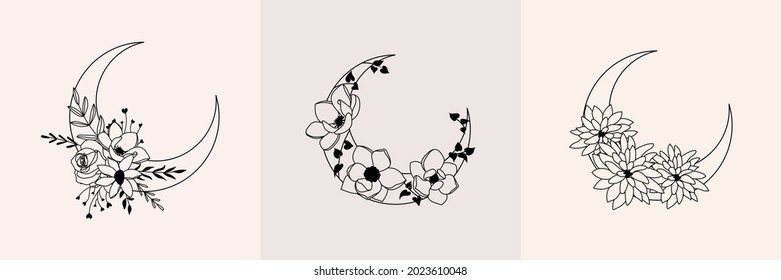 Floral crescent moon vector illustration set, beauty salon, spa, jewelry store logo design