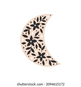 Floral crescent moon vector illustration. Hand-drawn ethnic symbol with flowers on white background. Boho style decoration. Celestial t shirt, mugs print. Scandinavian poster, cards, logo.