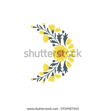 Floral crescent moon vector illustration isolated on white background. Moon with flowers and leaves decorative clipart. Boho aesthetic bloomy lunar design