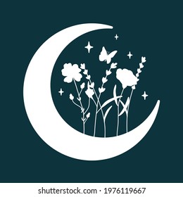 Floral crescent moon with wildflowers butterfly stars. Summer nature clipart. Design element for logos icons. Vector illustration