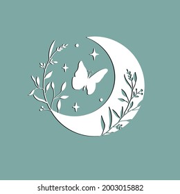 Floral Crescent Moon With Wildflowers Butterfly Stars. Summer Nature Clipart. Design Element For Logos Icons. Vector Illustration