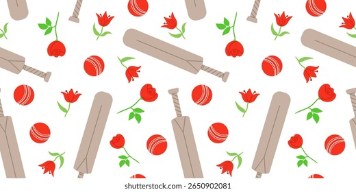floral cricket equipment pattern, red roses, bats and balls on white background, trendy flat vector illustration
