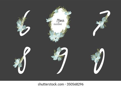 Floral crocus collection numbers in vintage color. Six, seven, eight, nine, zero- signs vector