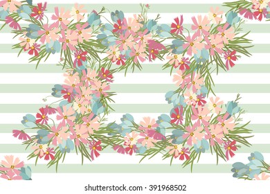 Floral  crocus cosmosbackground vector illustration. Sprig of mimosa, flowers and leaves of sakura, cherry and magnolia, spring background, floral greeting card