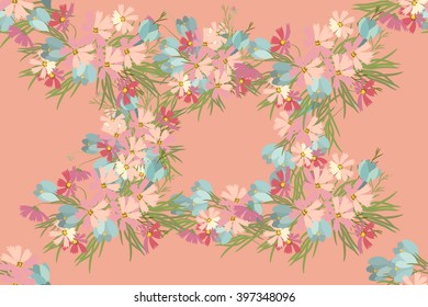Floral  crocus cosmosbackground vector illustration. Sprig of mimosa, flowers and leaves of sakura, cherry and magnolia, spring background, floral greeting card