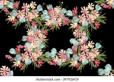 Floral  crocus cosmosbackground vector illustration. Sprig of mimosa, flowers and leaves of sakura, cherry and magnolia, spring background, floral greeting card