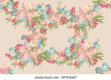 Floral  crocus cosmosbackground vector illustration. Sprig of mimosa, flowers and leaves of sakura, cherry and magnolia, spring background, floral greeting card