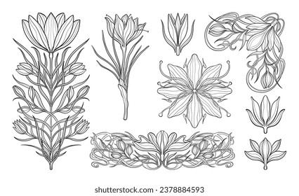 Blumenkrokus-Pflanze im Jugendstil 1920-1930. Handgezeichneter Krokus im linearen Stil mit Linien-, Blätter- und Blütengewebe. Vektorgrafik.