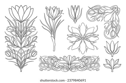 Floral crocus plant in art nouveau 1920-1930. Hand drawn crocus in a linear style with weaves of lines, leaves and flowers. Vector illustration.