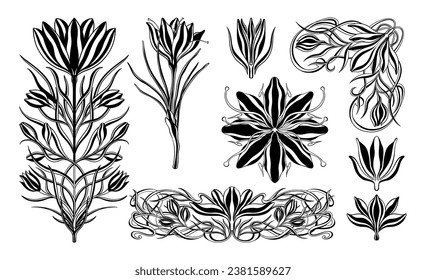 Floral crocus plant in art nouveau 1920-1930. Hand drawn crocus in a linear style with weaves of lines, leaves and flowers. Vector illustration.