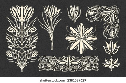 Plantas de crocus floral en el art nouveau 1920-1930. Crocus dibujado a mano en un estilo lineal con tejas de líneas, hojas y flores. Ilustración vectorial.