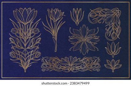 Floral crocus plant in art nouveau 1920-1930. Hand drawn crocus in a linear style with weaves of lines, leaves and flowers. Vector illustration.