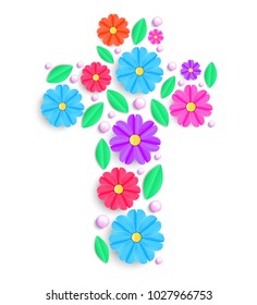 Floral cross with colorful flowers on white background.Vector illustration.