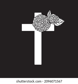 Floral cross design. Religious element black and white