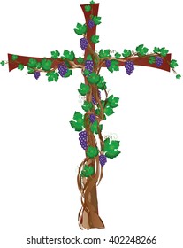 Floral cross with grapevine, grape clusters on a vine tree. Symbol of Eucharist and passion of Christ.