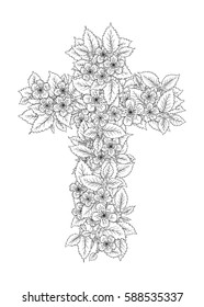 Floral cross. Graphic composition with spring blossoming branch. Engraving style