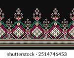 Floral Cross Stitch design pattern on black background.geometric ethnic oriental embroidery traditional.Aztec style,abstract background vector illustration.design for texture,fabric,clothing,print.