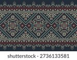Floral Cross Stitch design pattern on navy blue background.geometric ethnic oriental embroidery traditional.Aztec style,abstract background vector illustration.design for texture,fabric,clothing,print,rug