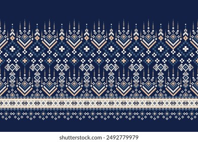 Floral Cross Stitch design pattern on navy blue background.geometric ethnic oriental embroidery traditional.Aztec style,abstract background vector illustration.design for texture,fabric,clothing,print