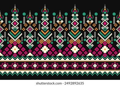 Floral Cross Stitch design pattern on black background.geometric ethnic oriental embroidery traditional.Aztec style,abstract background vector illustration.design for texture,fabric,clothing,print.